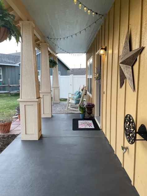 Concrete Patio Paint Colors, Concrete Front Porch Ideas, Painted Porch Floors, Concrete Front Porch, Front Porch Concrete Ideas, Paint Concrete Patio, Brick Porch, Paint Concrete, Painting Front Porch Concrete