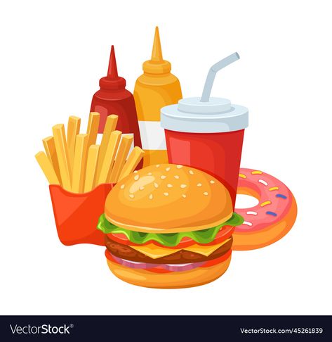 Soda Illustration, Cheeseburger And Fries, Fast Food Burger, Burger Sandwich, Food Burger, Soda Drink, Burgers Sandwiches, Restaurant Menu Design, Chicken Legs