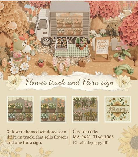 Acnh Food Truck, Acnh Flower Code, Acnh Templates, Cottage Core Animal Crossing, Acnh Springcore, Acnh Spring, Cottagecore Ideas, Cottagecore Animal Crossing, Spring Core