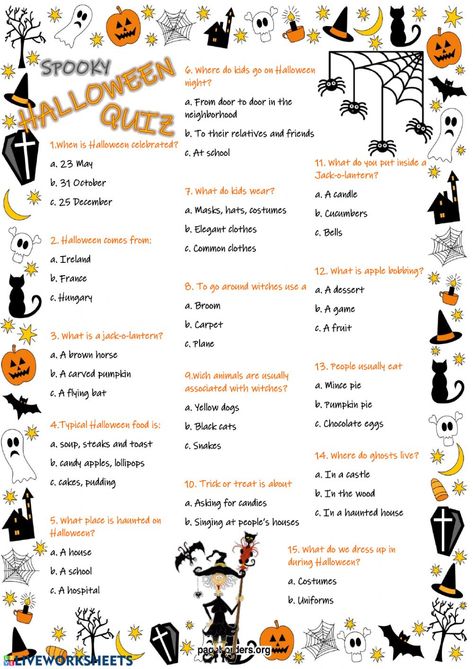 Halloween Quiz - Interactive worksheet Halloween Quiz For Kids, Halloween Activities For Kids Elementary, Esl Halloween Activities, Halloween Kids Worksheets, Halloween Ideas For Classroom, Halloween Exercises For Kids, Halloween Esl Activities, Halloween Lesson Plans Elementary, Halloween English Worksheets