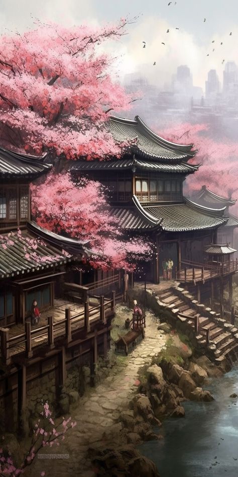 Ancient Chinese Village Art, Japanese Village Art, Japanese Fantasy Art, Japanese Environment, Japanese Art Wallpaper, Fantasy Art Landscape, Landscape House, Samsung Mobile Phone, Wallpapers Beautiful