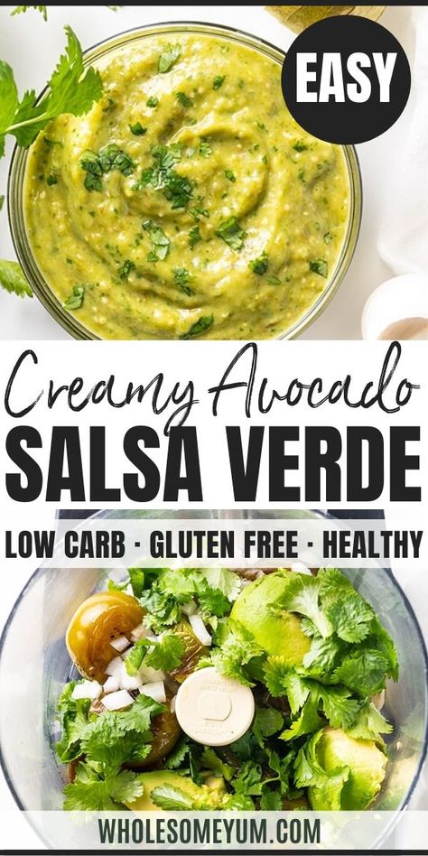 Creamy Tomatillo Avocado Salsa Verde Recipe - Learn how to make this EASY creamy tomatillo avocado salsa verde recipe. Just 20 minutes to prepare green avocado salsa (a.k.a. roasted tomatillo salsa). #wholesomeyum Green Avocado Salsa, Avocado Salsa Verde Recipe, Tomatillo Avocado Salsa, Avocado Salsa Verde, Tomatillo Verde, Canned Salsa, Tomatillo Recipes, Roasted Tomatillo Salsa, Mexican Salsa Recipes