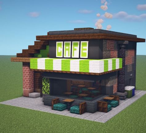 Minecraft Cute Shop Ideas, Cafe Design Minecraft, Minecraft Cafe Tables, Cafe Ideas Minecraft, Minecraft Small Cafe, Minecraft Small City Buildings, Minecraft Buisness Ideas, Minecraft Downtown Buildings, Small House Minecraft Ideas