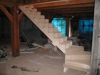 As it turns out, the stairs work great and we love them. The winders are not awkward to navigate at all, and changing the treads ("run") from 10" to 9+3/4" did not make the stairs uncomfortably steep. (the rise of these stairs is 7+11/16".) Fix Steep Stairs, Steep Basement Stairs, Basement Stair Lighting, Steep Stairs, Cabin Stairs, Redo Stairs, Basement Staircase, Steep Staircase, House Basement