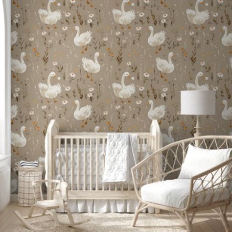 Baby Goose Taupe Nursery Wallpaper Mother Goose Nursery Theme, Name On Nursery Wall, Ivy Nursery, Taupe Nursery, Vivienne Leigh, Cute Decor Ideas, Duck Nursery, Mother Goose Nursery, Nursery Nook