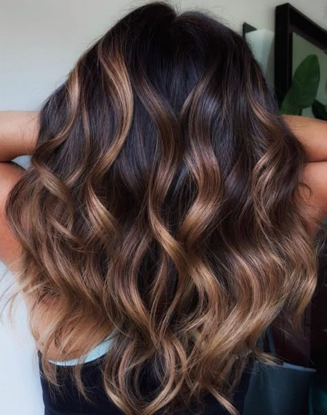 Golden Brown Highlights for Dark Hair 2023 Hairstyles Medium Length, Dimensional Brunette Dark Root, Carmel Bayalage Brunette, Golden Brown Hair With Highlights, Golden Brown Hair Dye, Dark Golden Brown Hair, Balayage Chocolate, Bronze Hair Color, Light Golden Brown Hair