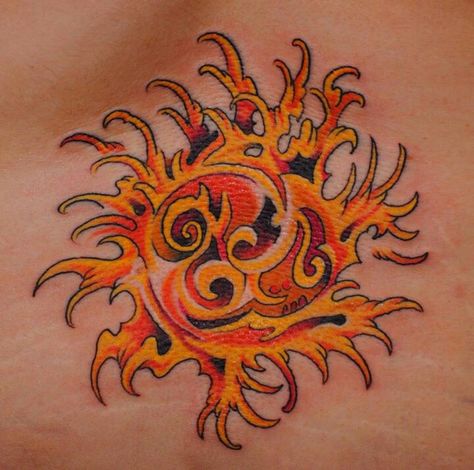 Sun tattoo... Without the black lines though and lighter, more watercolor like shading Flaming Sun Tattoo, Burning Sun Tattoo, Fire Sun Tattoo, Colorful Sun Tattoo, Deco Tattoo, Art Deco Sun, Tattoo Sun, Art Deco Tattoo, Moon Sun Tattoo