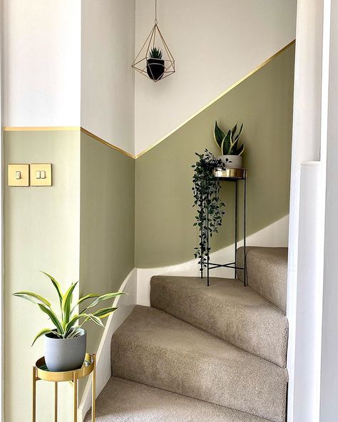 M E G A N on Instagram: “Details ✨🌿 Our hallway/stairs have a new look! Not quite finished but big improvement from just plain white walls. I’m thinking of maybe…” Paint For Stairway Walls, Hall Stairs And Landing Ideas Paint Colors, Hall Stairs And Landing Decor Paint Colors, Stair Color Ideas Stairways, Green Hallway Paint, Hall Stairs And Landing Decor, Bedroom Hallway Ideas, Hall Stairs And Landing, Stairs And Hallway Ideas