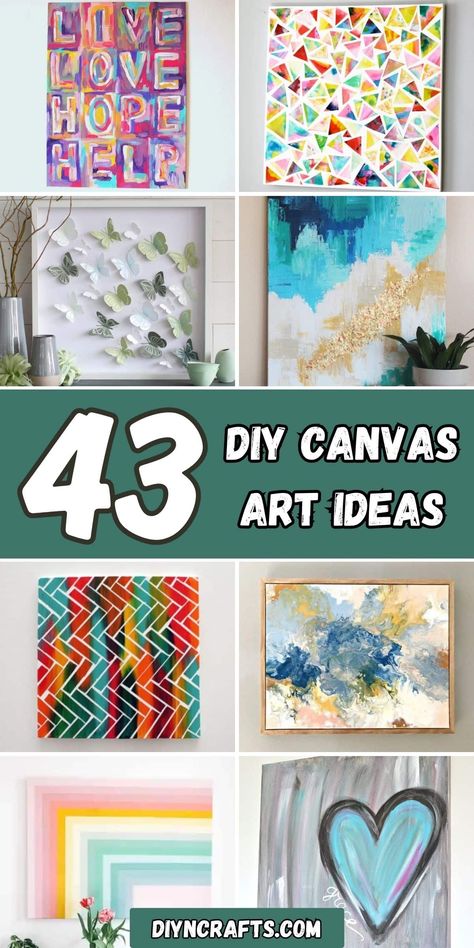 43 DIY Canvas Art Ideas Diy Small Canvas Art Simple, Easy Canvas Diy Painting, Upcycling Old Canvas Art, Diy Home Decor Pictures, Geometric Canvas Painting Diy, Canvas Painting For House Decor, Canvas Painting Ideas For Nursery Diy Art, Easy Big Canvas Art, Paint Your Own Canvas Ideas