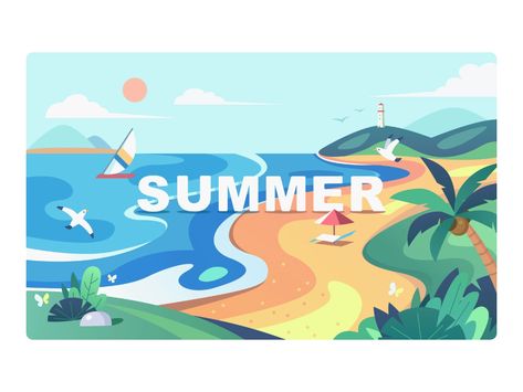 Nature in summer by 𝙈𝙞𝙣𝙩𝙞𝙤𝙣 for Flame on Dribbble 동화 삽화, Different Nail Shapes, Beach Illustration, Summer Poster, Summer Illustration, Scenery Background, Web Design Tutorials, Summer Backgrounds, Paper Artwork