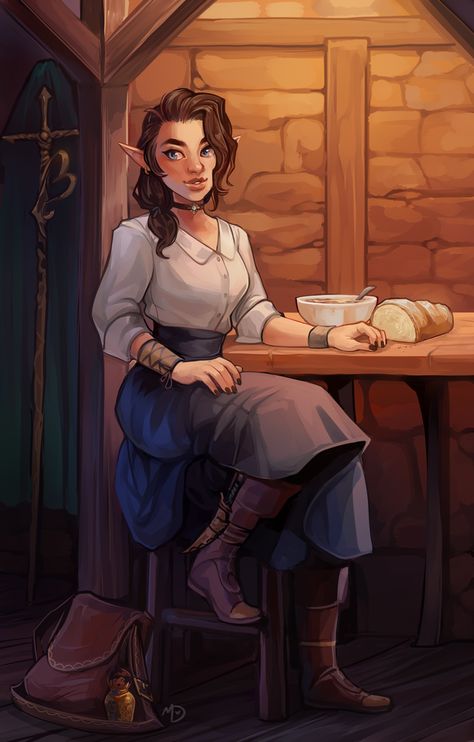 [OC][Art] Half-elf sorcerer relaxing at her parent's inn - DnD Dnd Elves, Half Elf, Pathfinder Character, Female Elf, Elf Art, Modern Disney, Dungeons And Dragons Characters, Dnd Art, Fantasy Rpg