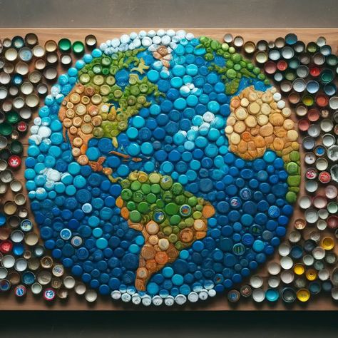 bottle cap art Art With Plastic Bottle Caps, Bottle Caps Art, Plastic Bottle Cap Art Murals, Trash Art Installation, Sustainable Ideas Diy Projects, Plastic Bottle Top Art, Plastic Caps Crafts, Recycled Bottle Cap Art, Creative Recycled Projects