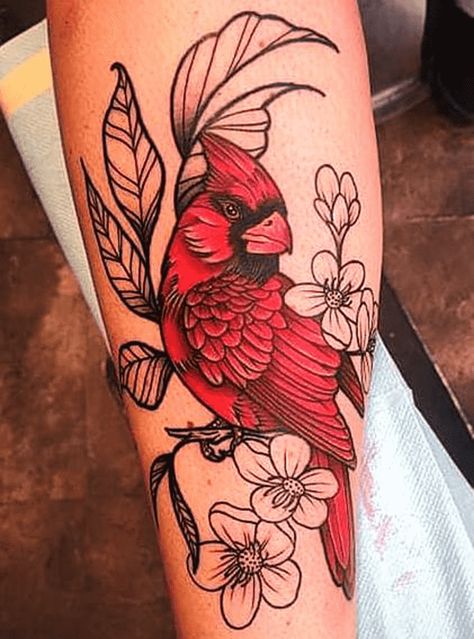 Red Bird With Flowers Tattoo, Cardinal On Dogwood Branch Tattoo, Unique Cardinal Tattoo, Cardinal And Lily Of The Valley Tattoo, Redbird Tattoo Cardinals, Cardinal Dogwood Tattoo, Owl And Cardinal Tattoo, Tree And Cardinal Tattoo, Red Cardinal Memorial Tattoo