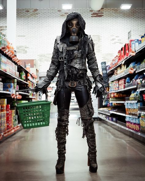 Goth Apocalypse Outfit, Punk Apocalypse Outfit, Clothes For Zombie Apocalypse, Wasteland Armor, Post Apocalypse Outfit, Zombie Apocalypse Outfits, Zombie Fashion, Zombie Outfit, Sharon Ehman