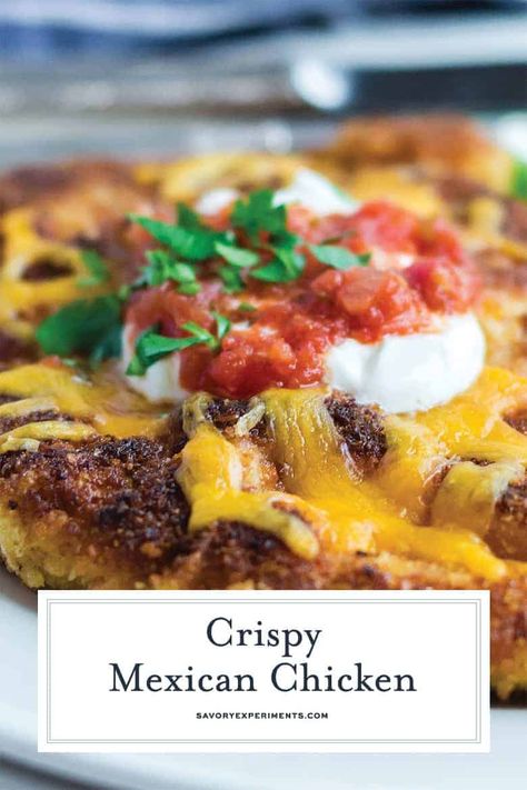 Topped with melty cheese and covered in a flavorful breading, this EASY Crispy Mexican Chicken recipe is perfect for a weeknight dinner! #crispymexicanchicken #mexicanchicken #crispychicken www.savoryexperiments.com Mexican Chicken Parmesan, Mexican Breaded Chicken, Hispanic Chicken Recipes, Mexican Fried Chicken, Chicken Mexican Recipes, Mexican Chicken Breast Recipes, Mexican Chicken Breast, Mexican Grilled Chicken, Mexican Style Chicken