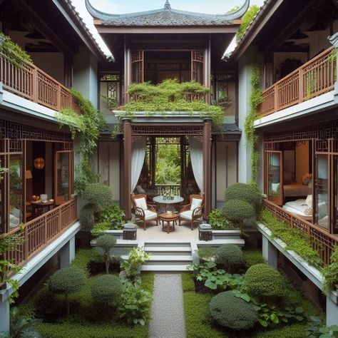 Chinese House Design, Japanese Exterior, Traditional Chinese House, Chinese Interior Design, Colonial Interior Design, Mansion Rooms, Chinese Courtyard, Japanese Garden Landscape, Zen House