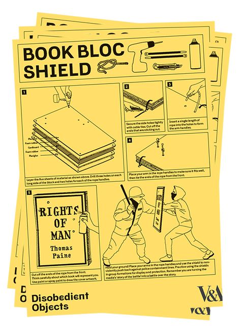 How to Guide: Book Bloc Shield. llustration by Marwan Kaabour, Barnbrook Instruction Page Design, How To Guide, Instruction Manual Design, Guide Book Design, Guide Illustration, Survival Guide Book, Instructions Design, Book Guide, Manual Design