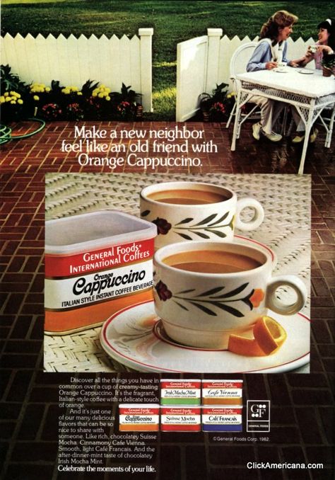 General Foods International Coffees Vintage Food Photography, Style Coffee Bar, Coffee Ads, European Coffee, Vintage Grocery, Coffee Flavors, Mint Mocha, Coffee Bar Ideas, International Coffee