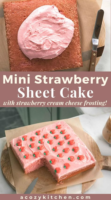 Small Batch Sheet Cake, Strawberry Snack Cake, Small Strawberry Cake Recipe, Small Batch Strawberry Shortcake, Small Batch Birthday Cake, Mini Homemade Cake, Small Batch Strawberry Cupcakes, Small Batch Strawberry Cake, Mini Sheet Cakes