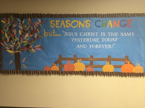 Fall bulletin board for church children's ministry Fall For Jesus Bulletin Board, Christian Bulletin Board Ideas, Fall Church Bulletin Boards, Bulletin Board Sayings, Catholic Bulletin Boards, Religious Bulletin Boards, Bible Bulletin Boards, October Bulletin Boards, Door Bulletin Boards