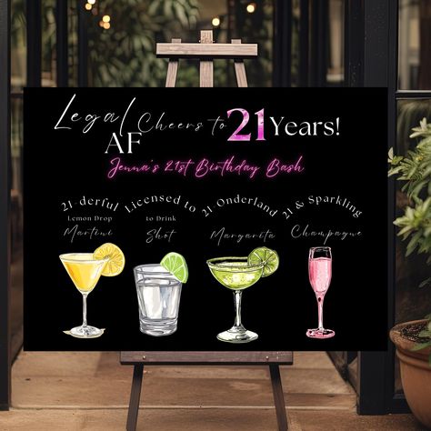 21 Birthday Drinks, 21st Birthday Drink Menu Ideas, Alcoholic Drinks Menu, Classy 21st Birthday, 21st Birthday Drinks, Cheers To 21 Years, Signature Drink Menu, Bar Alcohol, Pink Template