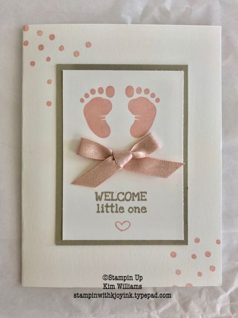 This is such a cute baby set, called, First Steps, that I used in my recent Card Class. We made three different cards using the same layout, but in different colors. Sweet and simple. This is the powder pink card: This is the balmy blue card: This is the daffodil... First Steps Stampin Up Cards, New Baby Card Ideas, Baby Cards Stampin Up Ideas, Stampin Up Baby Shower Cards, Newborn Card Ideas, Baby Card Ideas, Baby Shower Cards Handmade, Stampin Up Baby Cards, Baby Cards Handmade