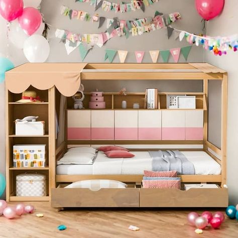 Full size House Bed with Two Drawers and Built-in Wardrobe for Home - Bed Bath & Beyond - 40703980 Montesorri Bed, Full Size House Bed, Toddler Bed With Storage, Tall Bed, Storage Kids Room, Kids Beds, Bed With Storage, Bed With Drawers, Wardrobe Storage