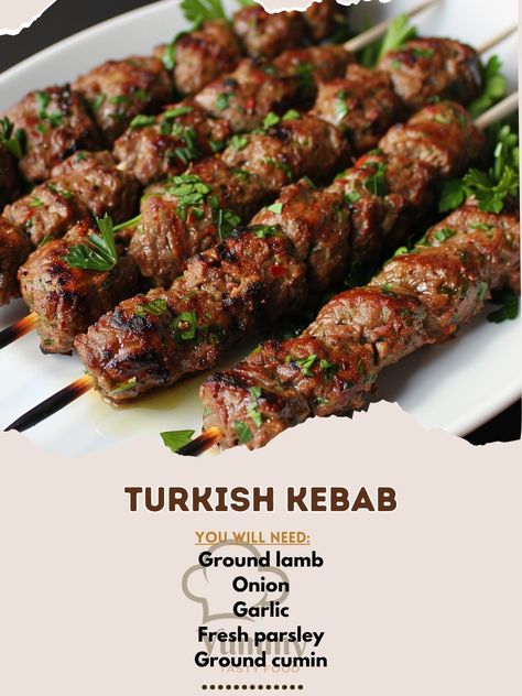 🥙🔥 Savor the authentic taste of Turkish Kebabs! #TurkishKebab #MediterraneanFlavors Turkish Kebab Ingredients: Ground lamb (1 lb) Onion (1, grated) Garlic (2 cloves, minced) Fresh parsley (1/4 cup, chopped) Ground cumin (1 tsp) Paprika (1 tsp) Salt and pepper (to taste) Olive oil (1 tbsp) Instructions: In a bowl, combine ground lamb, grated onion, minced garlic, parsley, cumin, paprika, salt, and pepper. Mix well. Shape the mixture into long kebabs around skewers. Preheat grill to medium-... Lamb Seekh Kebab Recipe, Mediterranean Kebab Recipes, Authentic Turkish Recipes, Meliz Cooks, Turkish Chicken Kebab, Seekh Kebab Recipes, Heat Brush, Turkish Kebab, Dinner Board