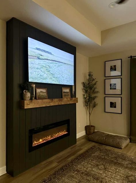 Decor Under Tv Wall Mounted Tv Living Room Ideas, Huge Tv Wall Ideas, Tv On Column Wall, Tv On Wall With Electric Fireplace, Built In Mantle, Big Tv Small Wall, One Side Built In Next To Fireplace, Tv Mounted Over Fireplace Basement, Basement Accent Wall With Tv