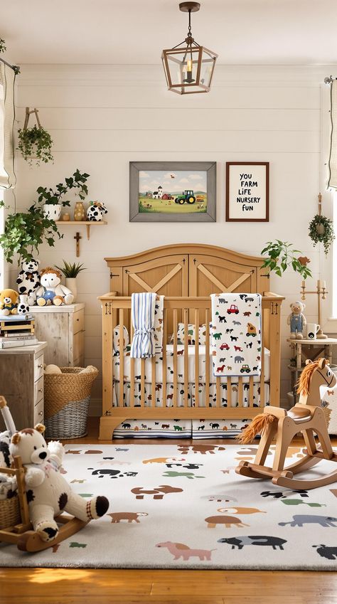 Nursery Room Ideas Tractor Themed Nursery, Gender Neutral Farm Nursery, Chicken Nursery Theme, Farm Toddler Room, Vintage Farm Nursery, Baby Boy Farm Nursery, Farm Nursery Girl, Farm Boy Room, John Deere Nursery