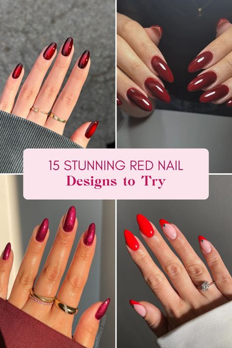 Explore 15 stunning red nail designs with examples ideal for fall and perfect for a chic manicure. This pin features 4 vibrant images showcasing different styles, from sleek glossy finishes to creative black and red combos. Red Nails With Simple Design, Red Chic Nails, Scarlett Red Nails, Short Red Almond Acrylic Nails, Christmas Red Almond Nails, Red Nail Designs Almond Shape, Red Witchy Nails, Red Almond French Tip Nails, Red Pattern Nails