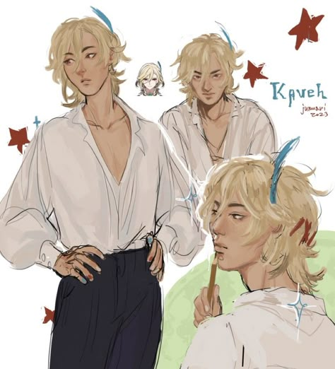 @junuarii on Twitter Kaveh Cosplay, Sketch Icon, Au Ideas, Evil Villains, Blonde Guys, Story Inspiration, Art Journal Inspiration, Ship Art, Character Design Inspiration