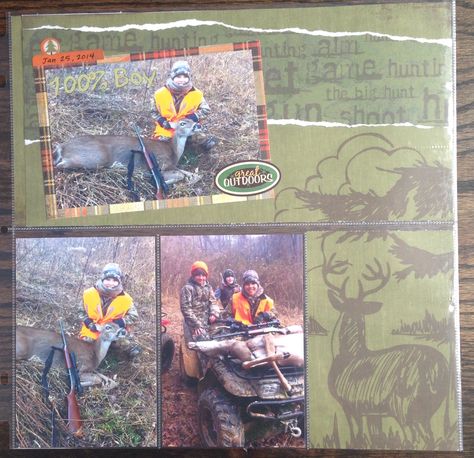 100% boy scrapbook layout Hunting Scrapbook, Scrapbook Layouts Ideas, Outdoors Scrapbook Layouts, Camping Scrapbook, Scrapbooking Sports, Animal Hunting, Boy Scrapbook Layouts, Deer Camp, Scrapbook Boys