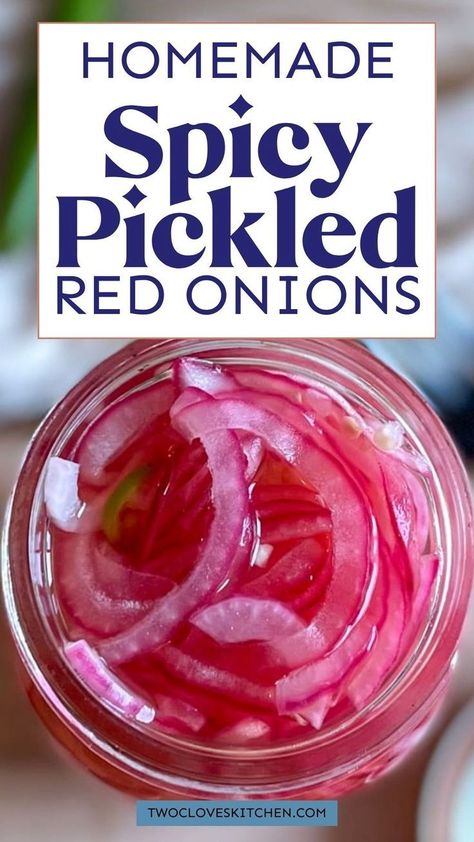 Quick and easy homemade spicy pickled red onion recipe that is healthy and simple to DIY! If you want pickled onions with a bit of spice, try my fav red onion pickling recipe. Perfect to use as a condiment added to sandwiches, burgers, tacos, salads, and more. Crisp spicy pickled onions are one of my favorite ways to add bright, slightly sweet, tangy flavor to a wide variety of dishes. The heat from the pickled serrano peppers makes this a delicious condiment you’ll want to put on everything. Best Pickled Red Onions, Tacos Pulled Pork, Pulled Pork Quesadillas, Easy Pickled Red Onions, Spicy Pickled Onions, Pork Quesadillas, Pickled Red Onions Recipe, Red Onion Recipes, Quick Pickled Red Onions