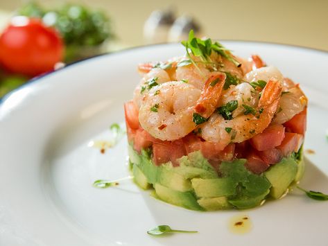 Shrimp and Avocado Salad - So Delicious Prawn Avocado Stack, Prawn Avocado Salad, Avacado Corn Salad, Stacked Salads, Avocado Shrimp Salad, Prawn And Avocado Salad, Shrimp And Avocado Salad, Avocado Appetizer, Shrimp And Avocado