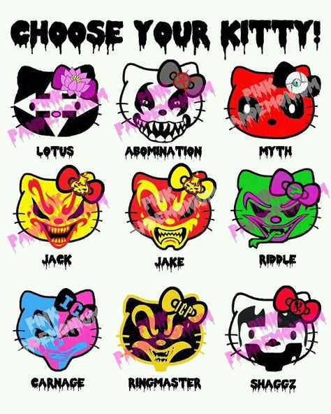 Kitty Icp Clowns Drawing, Pfp Icons Hello Kitty, Icp Pfp, Icp Tattoos, Weirdcore Shirt, Icons Hello Kitty, Insane Clown Posse Albums, Joker Card Tattoo, What Is A Juggalo