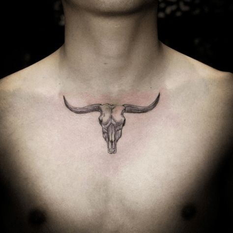 Chest Bull Tattoo, Bull Tattoo On Chest, Bull Skull Tattoo Chest, Bull Tattoo Chest, Cow Skull Chest Tattoo, Bull Neck Tattoo, Ox Skull Tattoo, V Line Tattoos For Men, Bull Skull Tattoo For Men