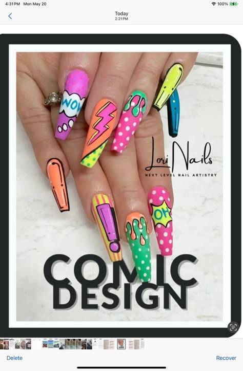 I had so much fun creating these pop art nails. I love all the neon colors. I incorporated into the nail art. Comics Nails, Nail Pop Art, Bee Nail Designs, Quirky Nail Art, Comic Nail Art, Comic Nails, Zodiac Sign Nails, Bumble Bee Nails, Vintage Nail Art