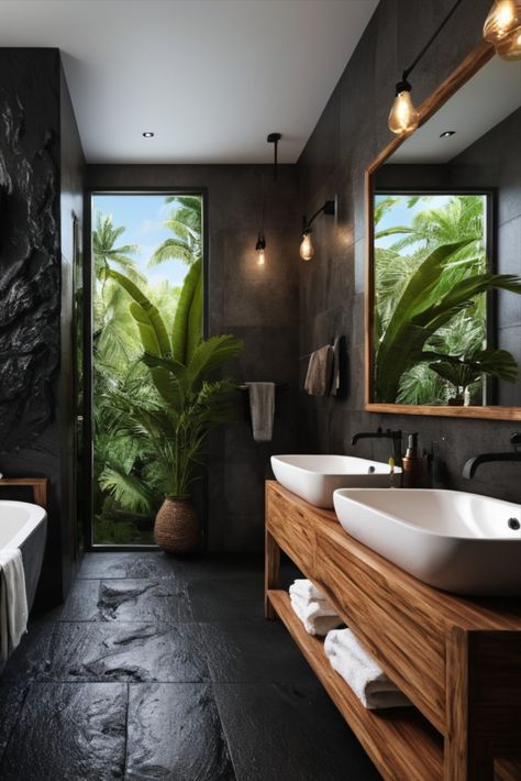 Experience exotic luxury in your bathroom with rich palm wood elements and striking black volcanic stone features. A tropical escape in your own home. #TropicalLuxury #BathroomDesign #ExoticWood African Style Bathroom, Dark Tropical Bathroom, Polynesian Decor Interior Design, Tropical Luxury Aesthetic, Bali Inspired Bathroom, Rich Bathroom Luxury, Tropical Bathroom Ideas, Modern Tropical Interior Design, Hawaii Bathroom