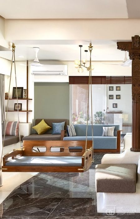 Jhula In Living Room, Swing In Living Room, Indian Living Room Design, Classic House Interior Design, Room Swing, Indian Bedroom Decor, Tiny House Loft, Indian Home Interior, Hall Interior Design