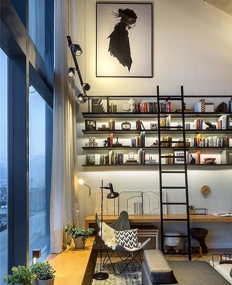 High Ceiling Decorating, Home Library Rooms, Lots Of Books, High Ceiling Living Room, Condo Living Room, Home Library Design, Condo Living, Diy Interior, Room Setup