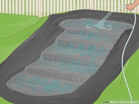 How to Build a Stream (with Pictures) - wikiHow How To Build A Stream In Your Yard, Man Made Stream, Build A Dock On A Pond, Building A Dock On A Pond, How To Keep Pond Water Clear Naturally, Backyard Stream, Garden Stream, Diy Ponds Backyard, Outdoor Patio Ideas Backyards