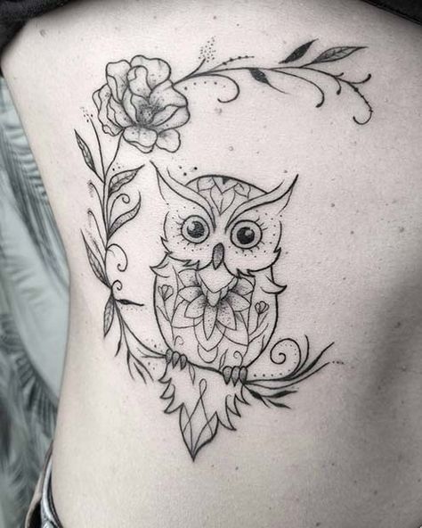 Owl Tattoo With Flowers For Women, Mother Owl Tattoo, Back Owl Tattoo Women, Owl Tatoos Design, Owl Tattoo Cartoon, Owl And Moon Tattoo For Women, Tiny Owl Tattoos For Women, Womens Owl Tattoo, Brown Owl Tattoo