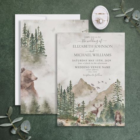 Forest Save The Date, Couple Wedding Invitation, Woodland Wedding Invitations, Woodland Forest Animals, Forest Resort, Mountain Wedding Invitations, Shopping Gifts, Date Invitation, Themed Wedding Invitations