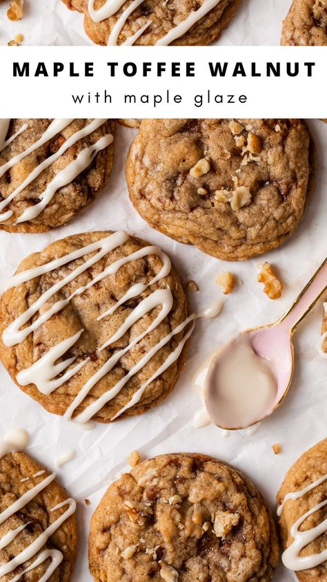 You are going to love these cookies - super chewy with added crunch from the walnuts, loads of toffee flavor, and a maple glaze. Using maple syrup and brown sugar in the dough keeps them soft and chewy for days - if they even last that long. Maple Toffee Cookies, Sticky Toffee Cookies, Maple Walnut Cookies, Pretty Biscuits, Maple Toffee, Everyday Cookies, Colorful Cookies, Maple Cookies, Monster Cookie