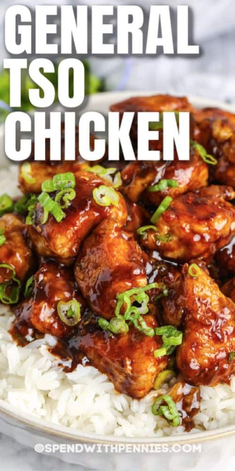 General Tso Chicken is a Chinese-inspired dish that's made right at home. Juicy chicken pieces fried and covered in a savory sauce, then garnished with green onions! #spendwithpennies #generaltsochicken #recipe #maindish #chinese #homemade General Tao Chicken, Recipes Chinese, General Tso's Chicken, Fried Rice Recipe Easy, Tso Chicken, General Tso Chicken, General Tso, Chicken Easy, Spend With Pennies