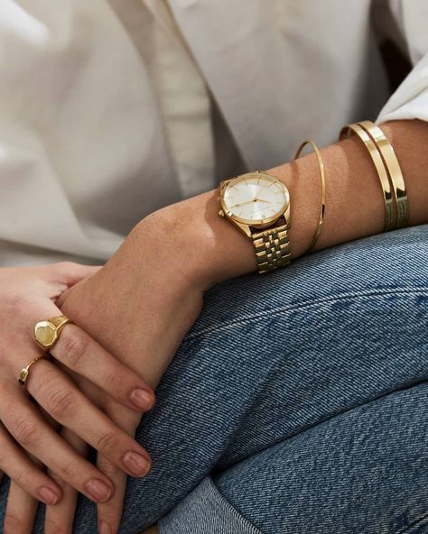 Rosefield on Instagram: “Can't get enough. ​⌚ The Ace in gold  ​💎 Rosefield personalized rings ​💎 Rosefield Contemporary bracelets” Watches With Bracelets Women, Rosefield Watch, Contemporary Bracelets, Vintage Watches Women, Gold Watches Women, Bracelet Watches Women, Wrist Jewelry, Gold Aesthetic, Personalized Rings