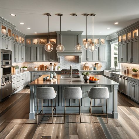 gray kitchen cabinets with vinyl plank flooring Kitchen Cabinets With Gray Floors, Cabinets With Gray Floors, Oak Floor Kitchen, Vinyl Kitchen Floor, Grey Wood Floors Kitchen, Color Kitchen Cabinets, Dark Kitchen Floors, Gray Floors, Grey Cupboards