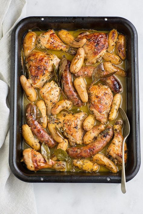 Roast chicken and Italian sausage with herbs and orange recipe Chicken Italian Recipes, Sausage Tray Bake, Leftover Roast Chicken, Chicken Italian, Orange Recipe, Best Roasted Chicken, Chicken And Sausage, Italian Sausage Recipes, Broiled Chicken