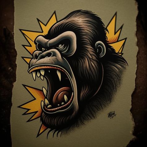 American Traditional Gorilla, Gorilla Traditional Tattoo, Gorilla Chest Tattoo, Traditional Gorilla Tattoo, Gorilla Tattoo Design, Gorilla Tattoo Ideas, Traditional Tattoo Flash Sheets, Dragon Tattoo Drawing, Sailor Tattoos